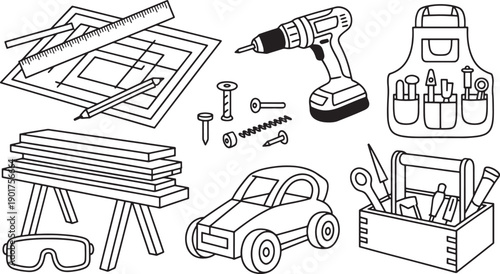 Woodworking and carpentry tools drawing supplies construction process materials line art icons set