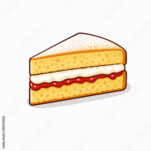 Victoria Sponge Cake Flat vector illustration of Victoria sponge cake, layered cake with cream and jam filling, neat slice view, minimal flat vector illustration