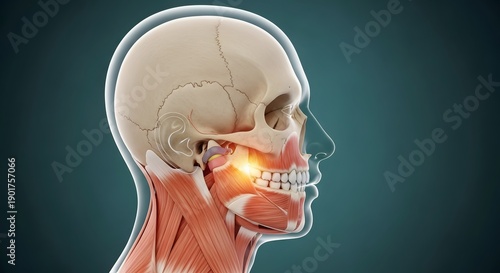 Anatomical skull and facial muscle structure with jaw pain. TMJ disorder and dental health education. Side view of a human head skeleton with muscles and glowing red jaw joint injury