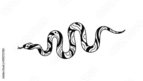 Wavy black and white patterned snake illustration with tribal like designs on its crawling body for nature and wildlife themed graphics.