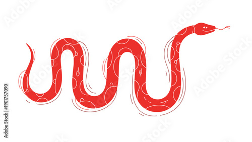 Vibrant red snake illustration with white circular patterns and a flicking tongue on white background for wildlife and nature graphics.