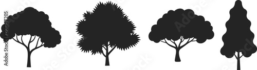 Black tree silhouette icon set with different forest shapes, minimal nature woodland symbols collection, botanical landscape design elements isolated on white background.