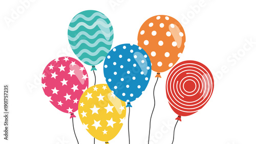 Vibrant set of six colorful balloons with various patterns like dots stars and concentric circles for festive birthday party decorations.