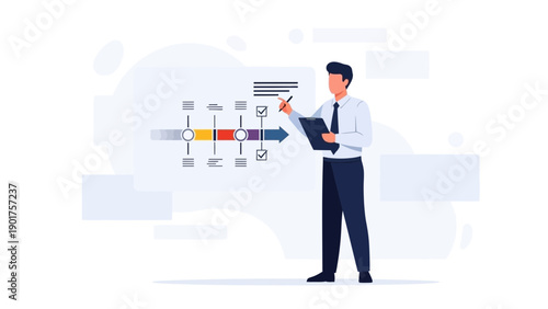 Businessman planning project timeline, strategy, and workflow on whiteboard