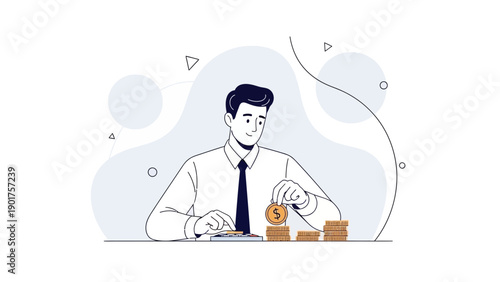 Businessman stacking coins, calculating finances, financial growth concept illustration