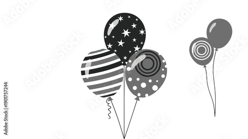 Collection of greyscale balloons with different patterns showing various textures and graphic styles for minimalist celebration designs.