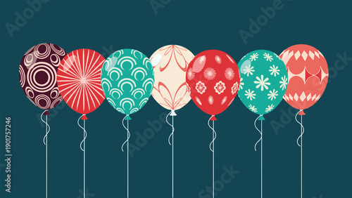 Row of seven elegant patterned balloons in shades of red teal and gold on a dark background for luxury celebrations and holiday events.