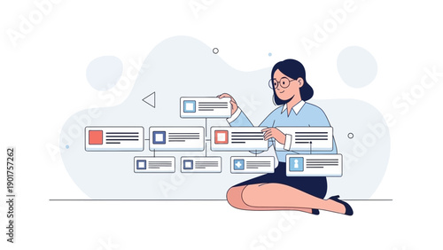 Woman organizing business strategy flowchart, planning and workflow concept