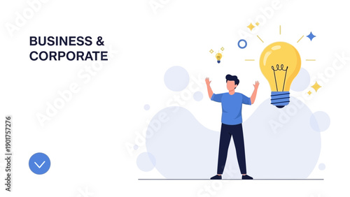 Man Celebrates Big Idea With Glowing Lightbulb, Business & Corporate Concept