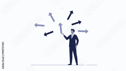Businessman Holding Up Arrow, Multiple Directions, Decision Making Concept