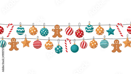 Vibrant two-tier Christmas garland featuring colorful baubles, gingerbread men, stars, and candy canes for a festive holiday decoration.