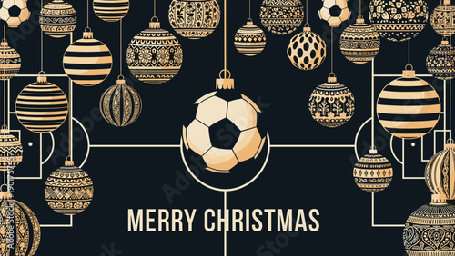 Central soccer ball ornament surrounded by a dense collection of patterned Christmas baubles on a dark, elegant background.