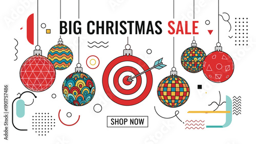 Big Christmas Sale promotional banner featuring a target with an arrow among colorful patterned ornaments and abstract geometric shapes.