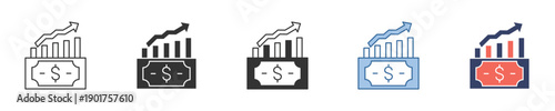 Icon set showcasing economic prosperity with an upward trending bar chart on a dollar bill, symbolizing increasing revenue, successful investments, and profit growth