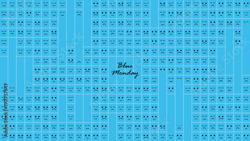 lat Minimalist Blue Monday Sad Face Pattern Background with Light Blue Color Palette Square and Rectangle Grid Emoticon Icons for Mental Health Awareness Design