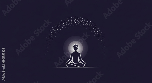 Meditating person surrounded by glowing aura and celestial stars in dark background serene minimalist illustration