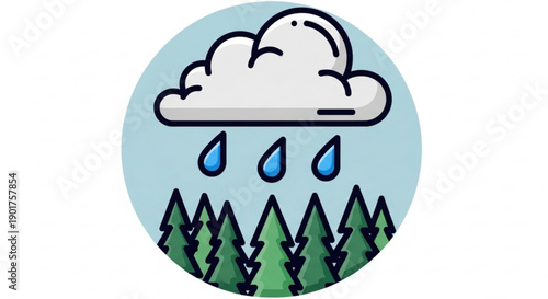 Rainy weather icon with cloud and raindrops over pine trees in a circular graphic
