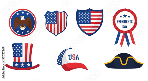 Collection of patriotic icons and symbols for Presidents Day, including flat vector graphics of American flags, hats, and monument silhouettes on a white background.
