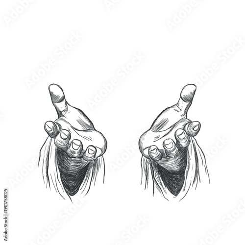 Open palms offering receiving faith hand drawn pencil illustration of two symmetrical hands facing upward. Spiritual religious gesture symbolizing offering, acceptance, prayer, mercy 