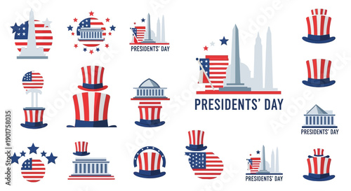 Flat vector illustration of various Patriotic icons and symbols for Presidents' Day, including monument silhouettes, flags, and hats on a white background with a patriotic color scheme.