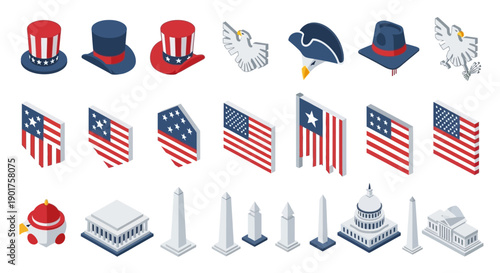 Collection of patriotic icons including flags, hats, monument silhouettes, and symbols for Presidents' Day, featuring flat vector graphics and UI/UX design elements on a clean white