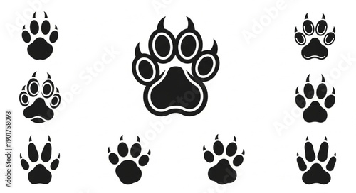 Collection of Animal Paw Print Icons on White Background.