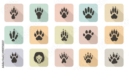 Collection of Animal Paw Print Icons with Shadow Effects.