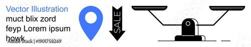 E-commerce, shopping discounts, business decisions, consumer choices, retail analysis, sales strategy. Blue location pin, black downward sale arrow balancing scale. E-commerce and shopping discounts
