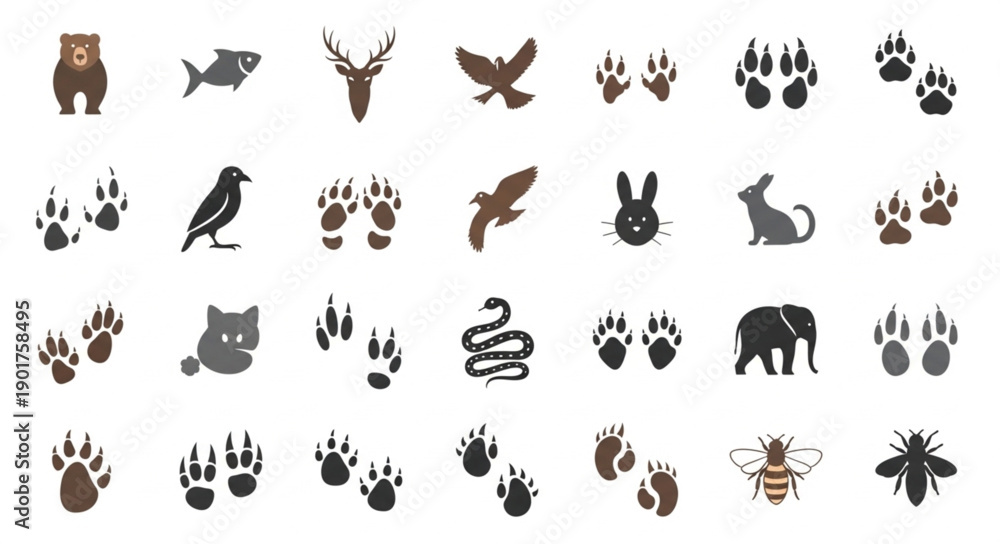 Fototapeta premium Collection of Animal Icons and Footprints Vector Set.