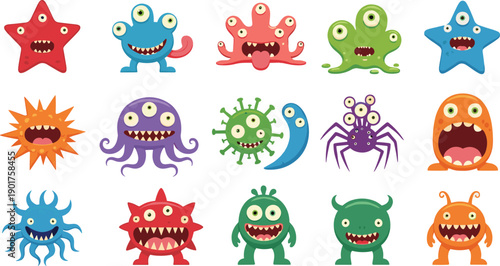 Cute Cartoon Monster Characters Set with Funny Fantasy Creatures, Colorful Shapes, and Scary Smiling Faces Flat Vector Illustration