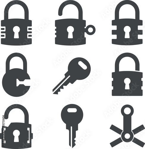 Padlock icons set with locked and unlocked states
