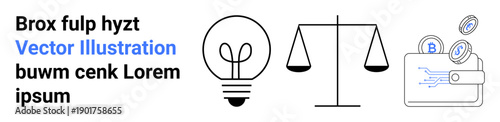Innovation, cryptocurrency, justice, technology, investments, sustainability. Minimalist icons of a light bulb, scales and a digital wallet with coins. Innovation and cryptocurrency concepts