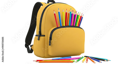 Yellow Backpack Filled With Colored Pencils