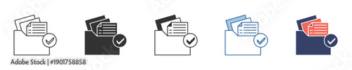 Vector icons showcasing digital document folders with a checkmark, illustrating successful verification, data approval, and completed management tasks for modern UI/UX design