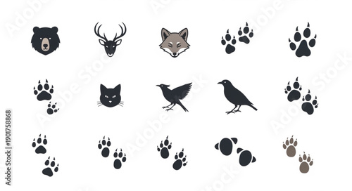 Collection of Animal Icons and Paw Prints Vector Set.