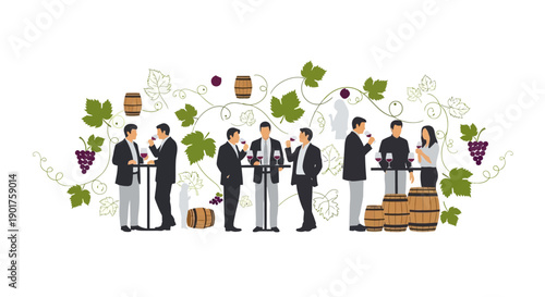 Illustration of businesspeople enjoying wine and spirits at a Parisian expo with vineyard decor and celebratory atmosphere.