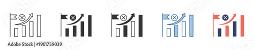 Dynamic icon set illustrating the concept of achieving business goals and targets, showcasing successful progress and upward growth through a bar chart topped with a victorious flag