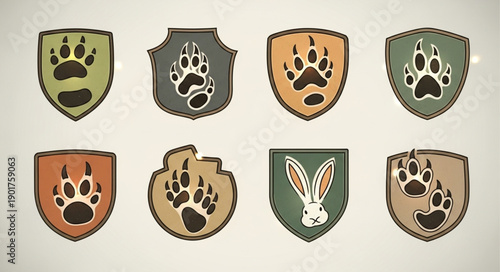 Collection of animal paw print emblems and a rabbit emblem.