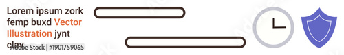 Time tracking, UI design, security features, digital management, protection systems, workflow. Minimal clock, shield and text placeholders on white backdrop. s time tracking and security concepts