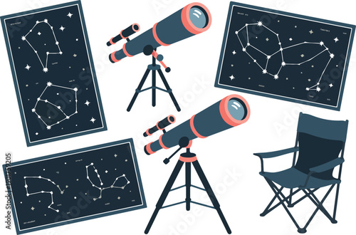 Astronomy Equipment Outline Icon Set  Telescopes, Star Charts, and Space Tools