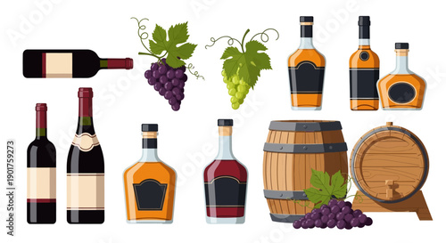 Vector illustration of wine and spirits culture with bottles, glasses, grapes, and barrels on a table for Wine Paris & Vinexpo expo, showcasing business and celebration elements.