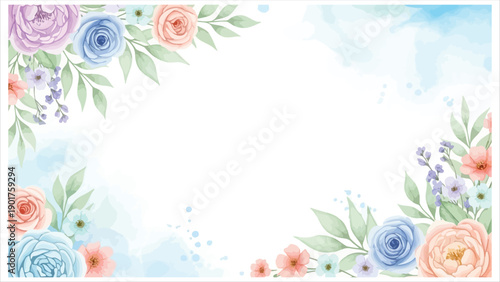 Beautiful floral frame with pastel flowers and leaves