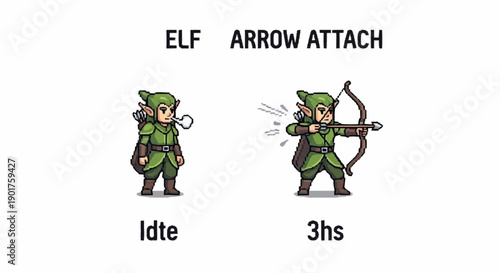 Cartoon elf archer character animation sequence with bow and arrow.