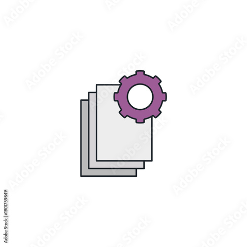 AI batch processing icon. Stack of photos being processed by gear. Automated bulk image editing workflow symbol vector illustration.