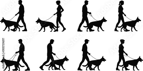 Set of Eight Silhouettes Featuring Men and Women Walking German Shepherd Dogs on Leashes in Minimalist Black and White Vector Style for Pet Care Design
