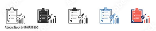 Icons for business analysis and report management, showcasing data evaluation, task checklists, and performance growth charts, ideal for strategic planning and project tracking
