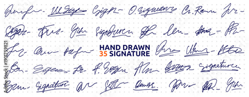 Blue Scribble Pen Marker Fake Signature Set. Fake Signature Autograph Sign Sample Kit. Random Hand Name Handwritten Autograph Collection. Vector Line Illustration Clipart in Scrapbook Dotted Paper Bac