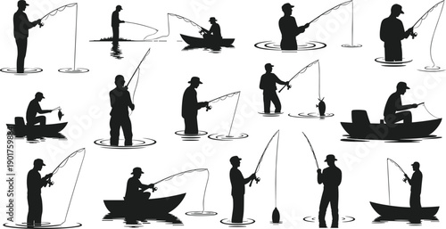 Large Set of Fisherman Silhouettes Featuring Men Fishing from Boats Standing in Water and Casting Rods in Minimalist Black and White Vector Illustration Style
