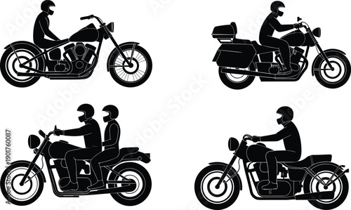 Set of Four Classic Motorcycle Silhouettes Featuring Bikers Riding Choppers and Touring Bikes Including a Passenger in Minimalist Black and White Vector Illustration Style