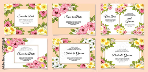 Collection of elegant floral wedding invitation cards with decorative frames and varying flower arrangements